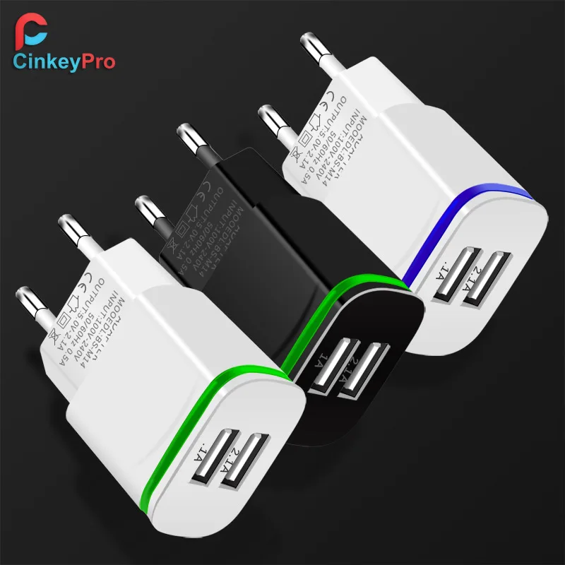 

CinkeyPro 2-Ports USB Charger for XiaoMi iPhone 7 8 Samsung LED Light 5V/2.1A Fast Charging Mobile Phone Universal Wall Adapter