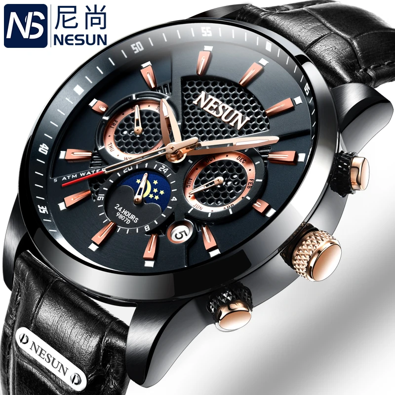 سويسرا NESUN الفاخرة ساعات رجالي ماركات متعددة الوظائف عرض التلقائي الميكانيكية ووتش مضيئة للماء ساعة N9807-6