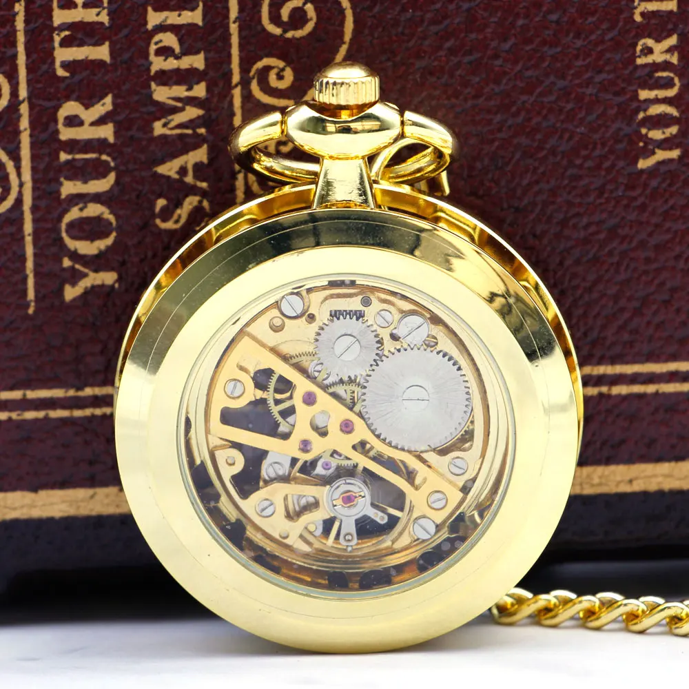 Полный Золотой Механические карманные часы Скелет с Fob часы на ремешке с цепочкой Винтаж Ретро Best подарок для женщин мужчин PJX050