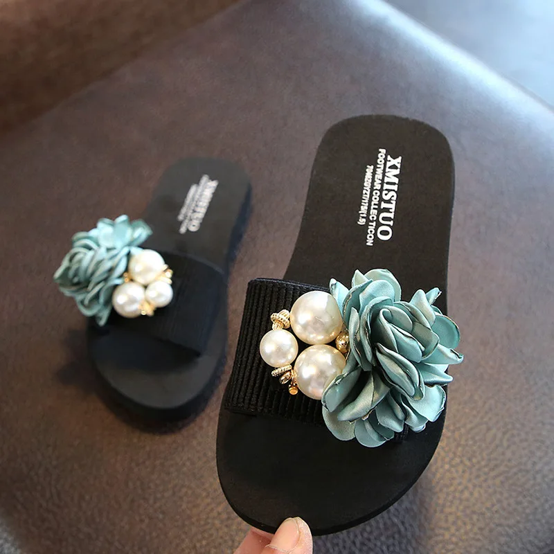 

2019 Summer Women Beach Slippers Mules Pearl Sandals Flower Indoor Slides Outdoor Flip-flops Female Fashion Parent-Child Shoes