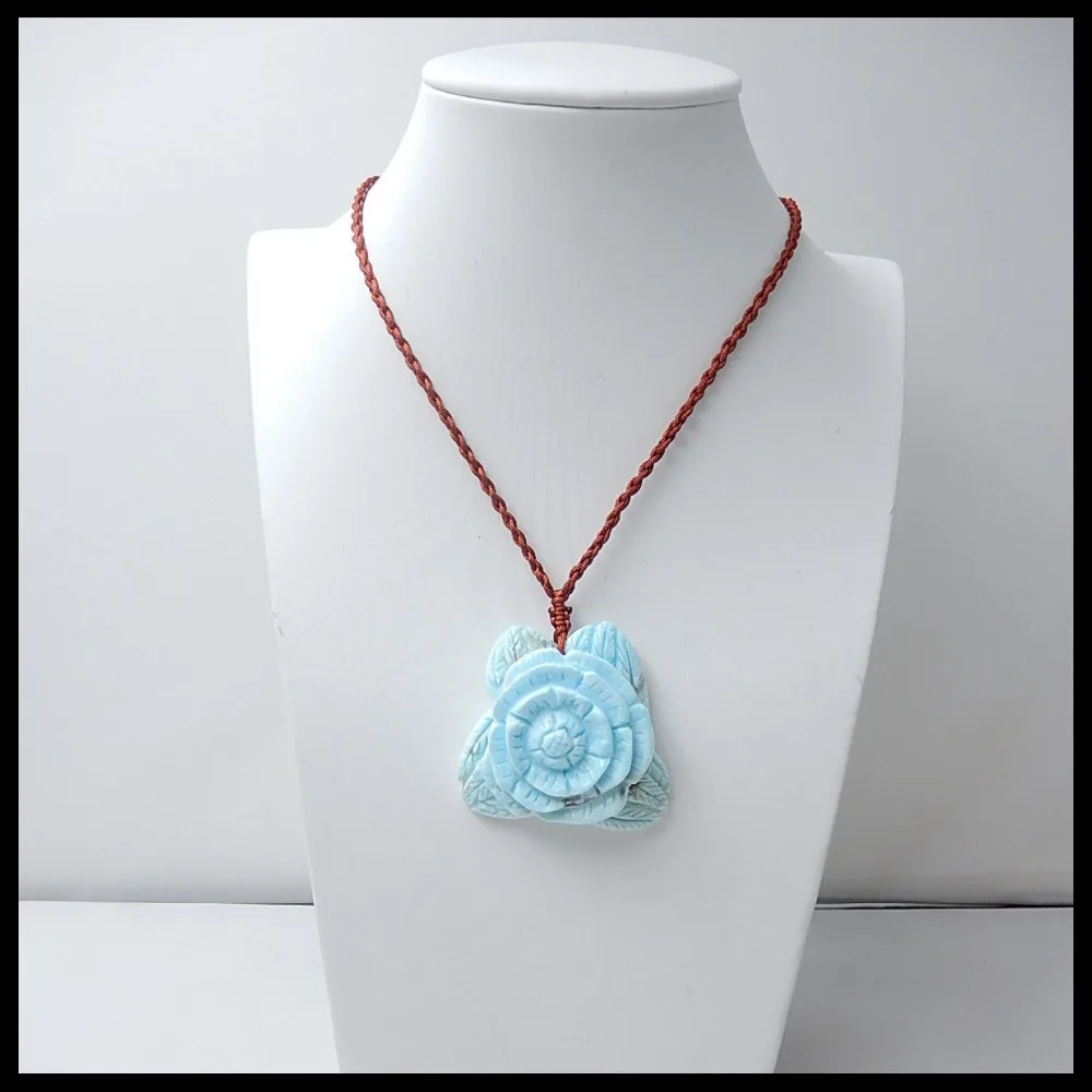 

Natural Gemstone Handmade Carved flower Larimar fashion women Necklace Pendant,43x43x15mm,35g