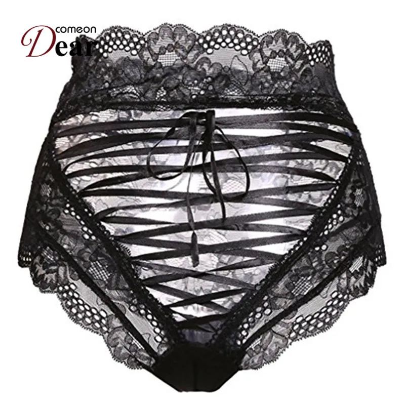 Comeondear Boy Shorts Lace Strappy Open Cortch Plus Size Lace Woman Panties Underwear Black High Waist Ladies Panties PK5139