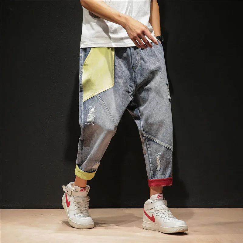 

Summer New Jeans Men Fashion Contrast Color Casual Denim Pants Man Streetwear Wild Hip Hop Loose Large Size Male Clothes M-5XL