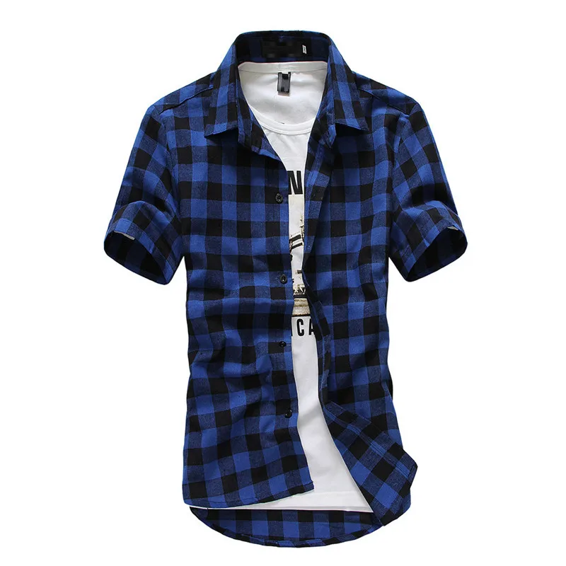 Летняя рубашка уличная рубашка Харадзюку Social Masculina мужской короткий рукав плед сплошной цвет Кнопка повседневные мужские рубашки Топ Блузка - Цвет: Dark Blue