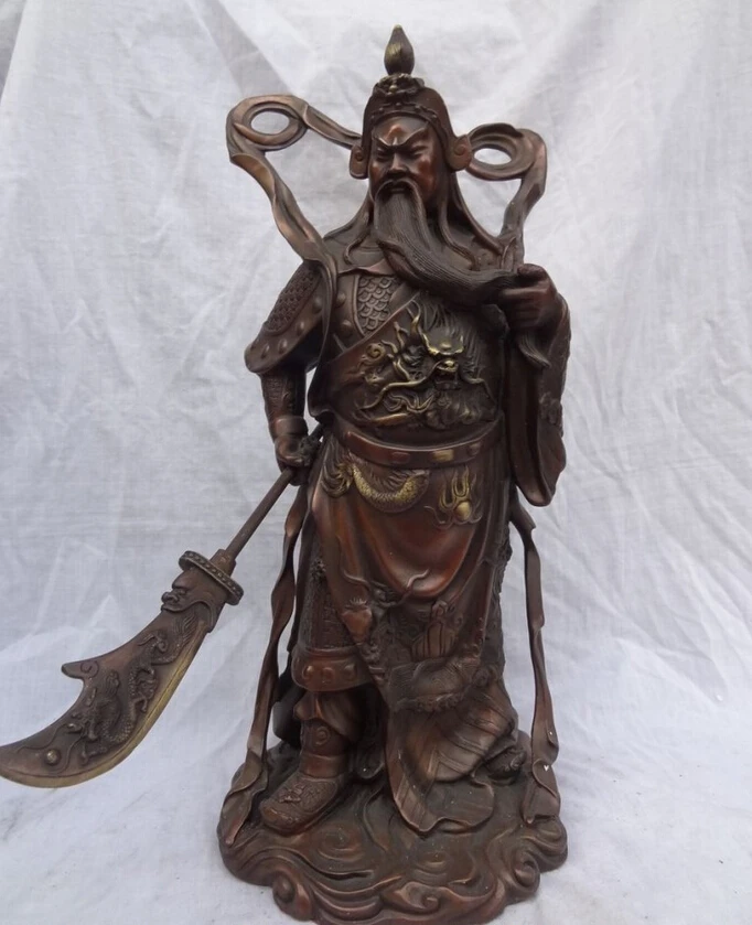 

Collectible bronze S1428 17" Chinese Bronze Stand Warrior Dragon Head GuanGong GuanYu Protect God Statue B0403