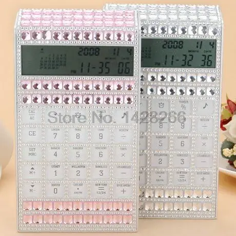 Creative fashion portable crystal with diamond 12 digit LCD electronics button battery font b calculator b