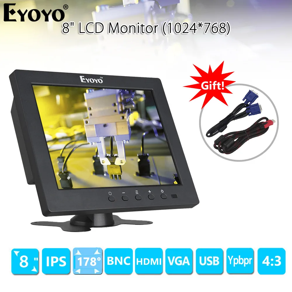 EYOYO S801C 8 "дюймов ips ЖК-дисплей 4:3 монитор VGA, разъем BNC HDMI Ypbpr с встроенными динамиками для ПК DVR видеонаблюдения Survillance