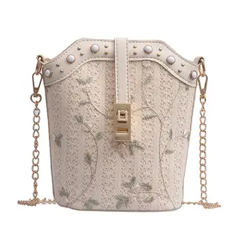 

Women Flower Embroidery Lace Faux Pearl Studded Shoulder Crossbody Bucket Bag