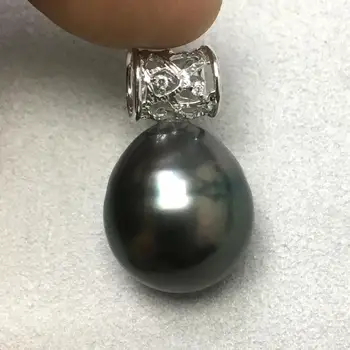 

Free Shipping 14-15mm Drop Black Green Genuine Tahitian Pearl Diamond Pendant 18K White Gold