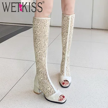 

WETKISS Summer Boots Mesh Women High Heels Boots Shoes Female Peep Toe Knee High Zip Shoes Ladies 2019 New White Plus Size 46