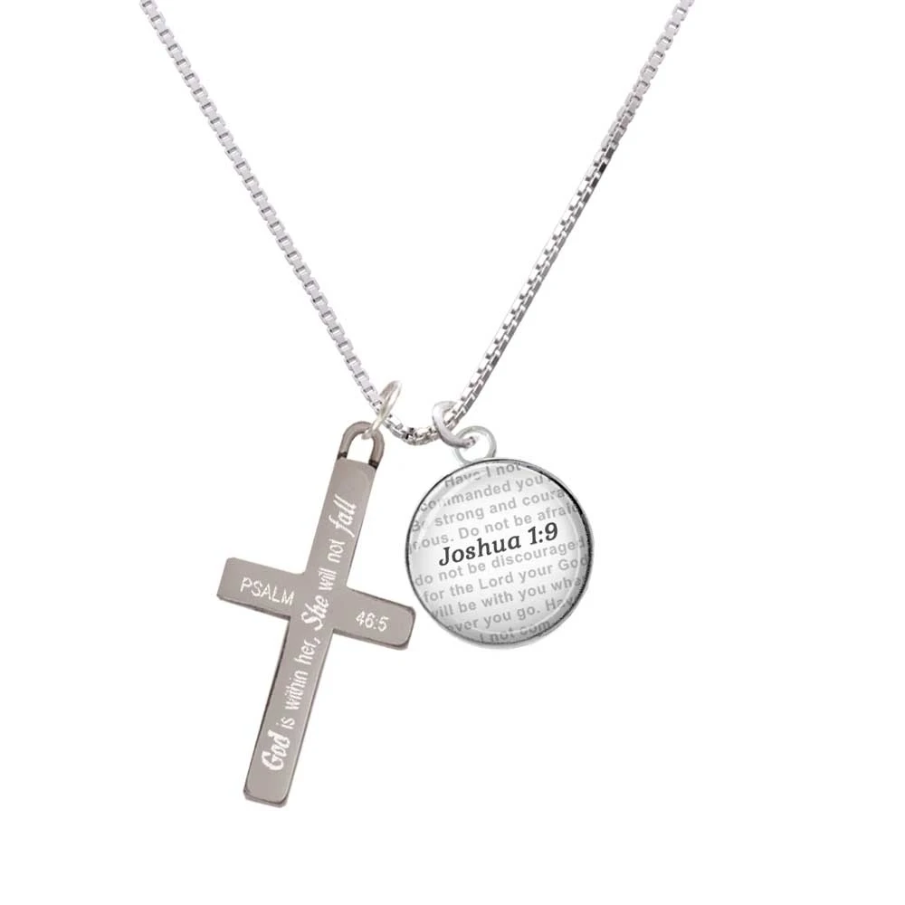Domed Joshua 1:9 - She will not Fall - Cross Necklace