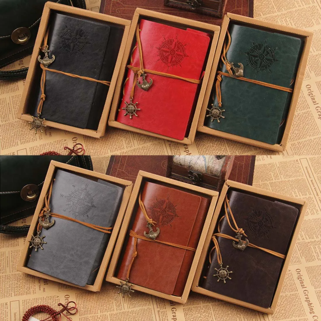 

Spiral Notebook Diary Notepad Vintage Pirate Anchors PU Leather Note Book Replaceable Stationery Gift Traveler Journal