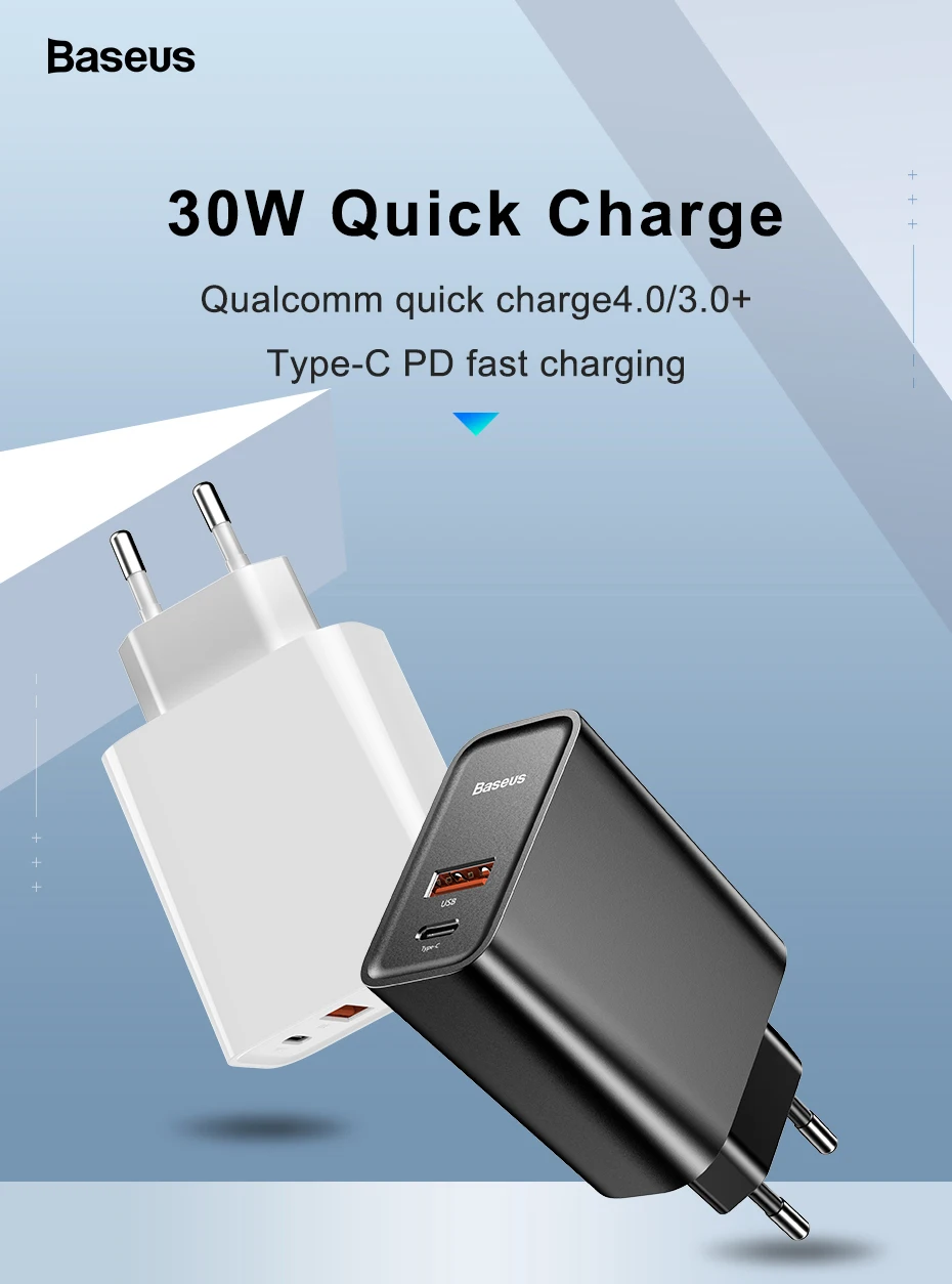 Зарядное устройство Baseus Quick Charge 4,0 3,0 USB для Redmi Note 7 Pro 30W PD Supercharge быстрое зарядное устройство для телефона для huawei P30 iPhone 11 Pro