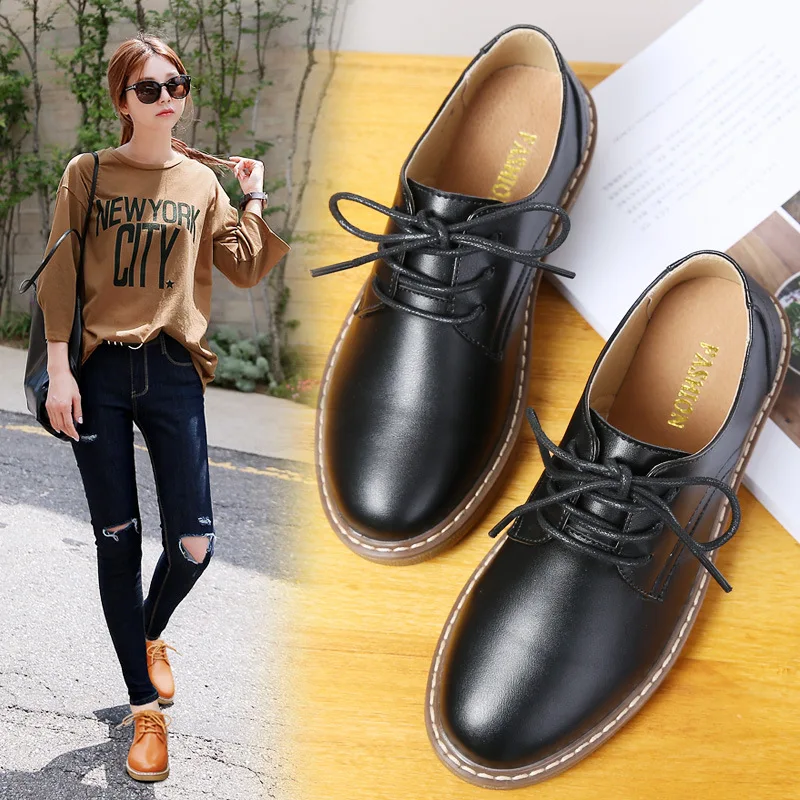 

2019 New Style Women Flat Shoes Round Toe Oxford Shoes Woman PU Women Bullock Casual Leather Platform Shoes Zapatos Mujer