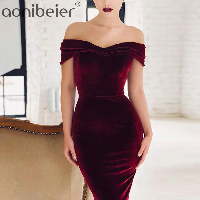

Aonibeier Solid Color Foldover Off Shoulder Women Party Dress High Waist Bodycon Velvet Dress Fashion Slash Neck Midi Dress
