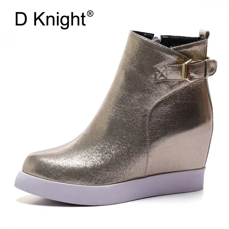 

Ladies Casual Platform Wedges Boots Fashion Metalic Pu Side Zipper Height Increasing Women Ankle Boots High Heels Winter Boots