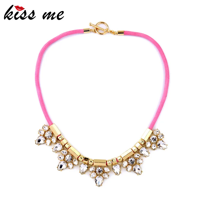 

2016 Spring New Fashion Jewelry Pink Rope Chain Crystal Flowers Bib Collar Necklace Factory Wholesale