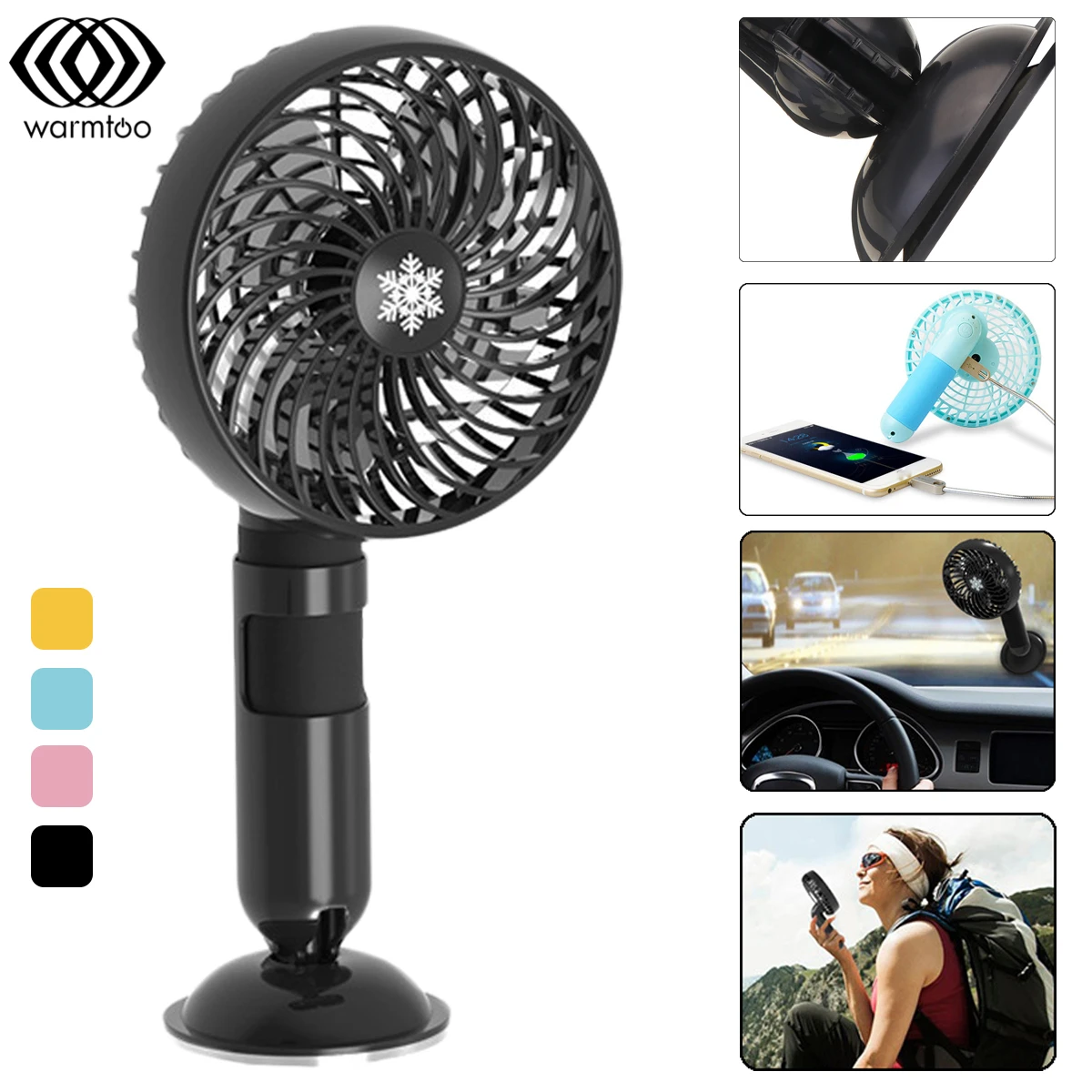 

Handheld Fan Portable USB Fan Rechargeable Power Bank 2000mAh Cooler with Suction Cup 3 Wind Speed 360 Degrees Rotation