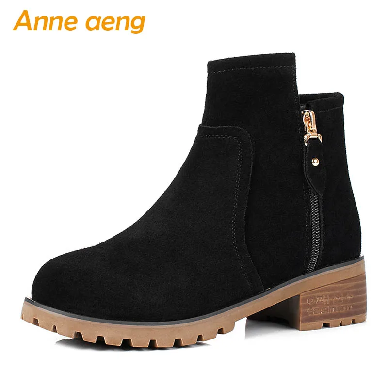 

2019 New Winter Women Ankle Boots Middle Square Heel Round Toe Zipper Sexy Ladies Women Cow Suede Shoes Black Warm Short Boots