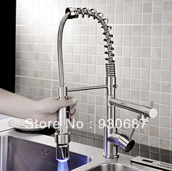 Contemporary NEW Single Handle LED Pull out Kitchen Faucet Brushed Nikcel Countertop Brass Mixer Tap
