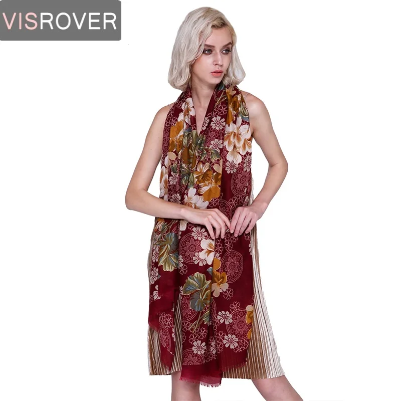 

VISROVER New Fashion Floral Gold Blocking Shawl Silk Scarf Print Soft Wrap Pashmina Muslim Hijab Scarf Bandana Women Beach Dress