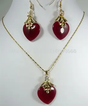 

Hot sale FREE SHIP>>>>Beautiful gold plate red STONE pendant necklace earrings set