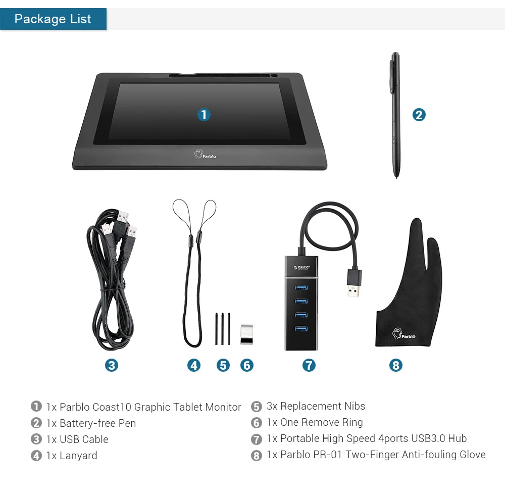 Графический планшет Parblo Coast 10 HD IPS с короткими клавишами и ручкой без батареи +