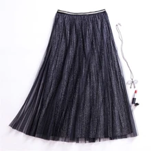 Spring Summer Women Mesh Pleated Long Skirt Ladies Fashion Casual Elegant Sexy Hollow Out Lace Midi Skirt D215