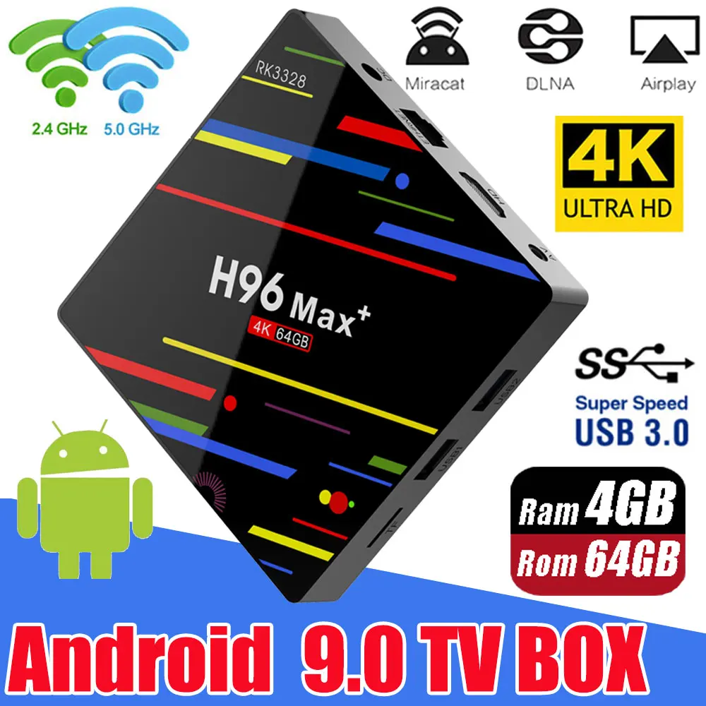 H96 MAX Plus Smart TV Box Android 9.0 TVBox 4GB Ram 32GB/64GB Rom Rockchip RK3328 4K H.265 USB3.0 2.4Ghz WiFi IP TV Set Top Box