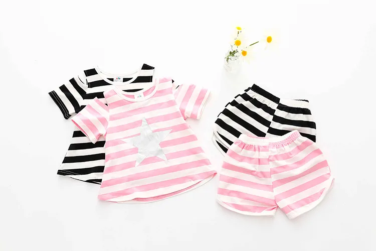 Girls Clothing Set 2018 Summer 2-10 Years Old Kids Girl Star Strip Print Wrap Shoulder T Shirt+Shorts Sports 2 Pcs Tracksuit Set (14)