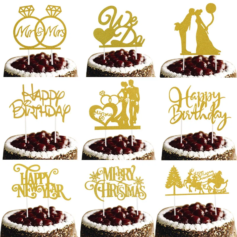 10pcs/lot New Happy Birthday Cake Toppers We Do Merry Christmas Cake Flag Birthday Wedding New Year