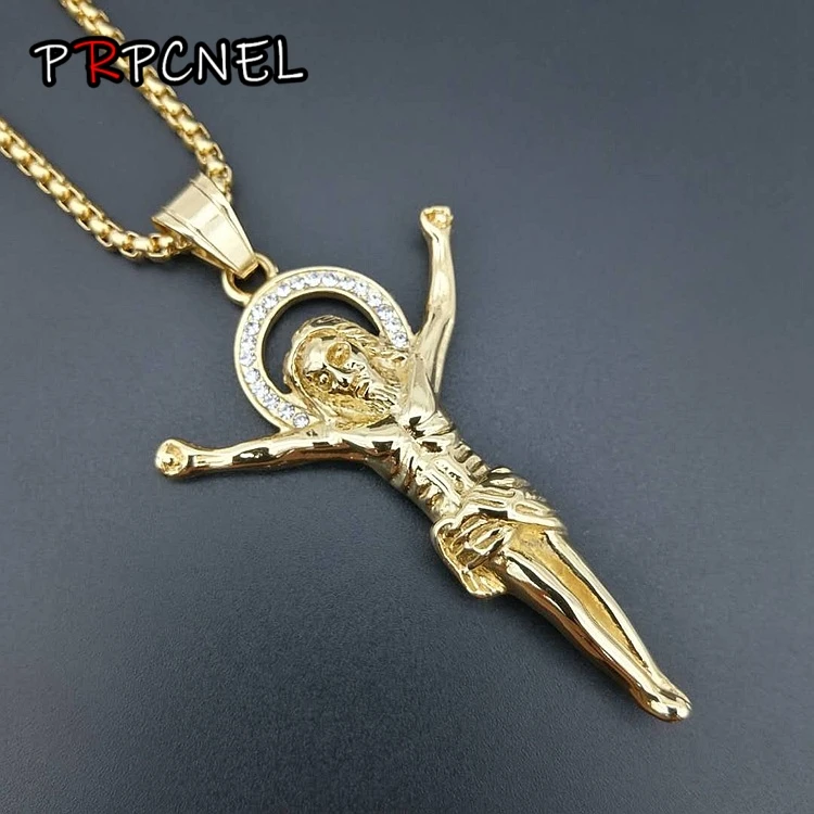 

Big 316L Stainless Steel Necklace Chain Gold Color Christian Jewelry Jesus Crucifix Men's Cross Pendant Necklace For Men