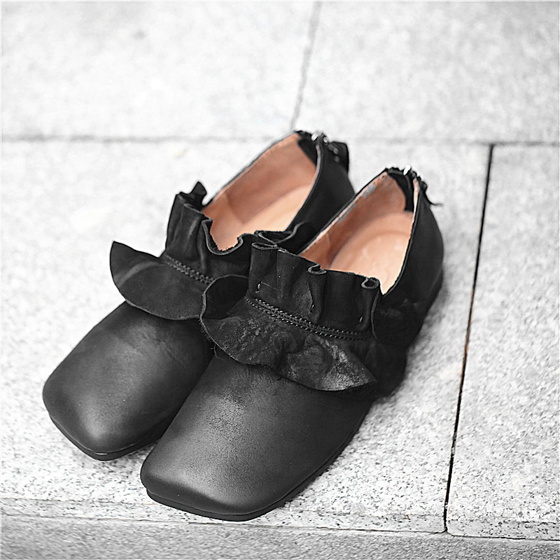 Women Leather Flats Black Lazy Shoes Brand Women Spring Loafers Ruffles Style Genuine Leather Women Moccasin Shoes Retro