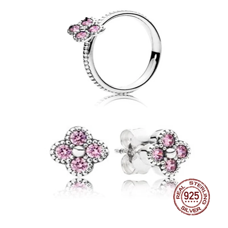 

NEW 100% 925 sterling silver pink flower shaped zircon hollow elegant ring female models elegant noble ring Ear Studs