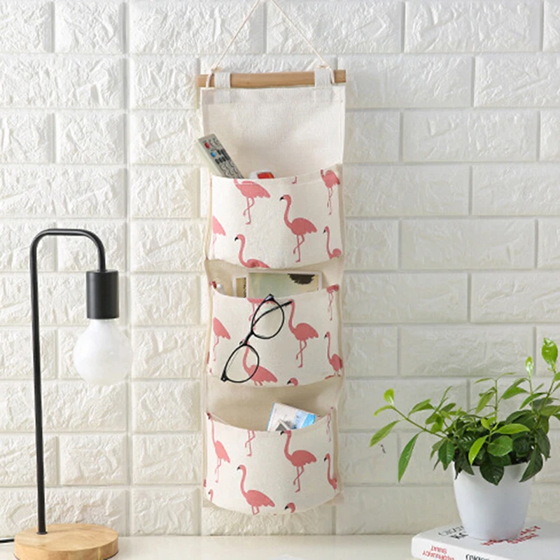 

Cotton linen hanging storage bag with flamingos design 3 pockets wall mounted closet hanging wall organizer for cosmetic toys