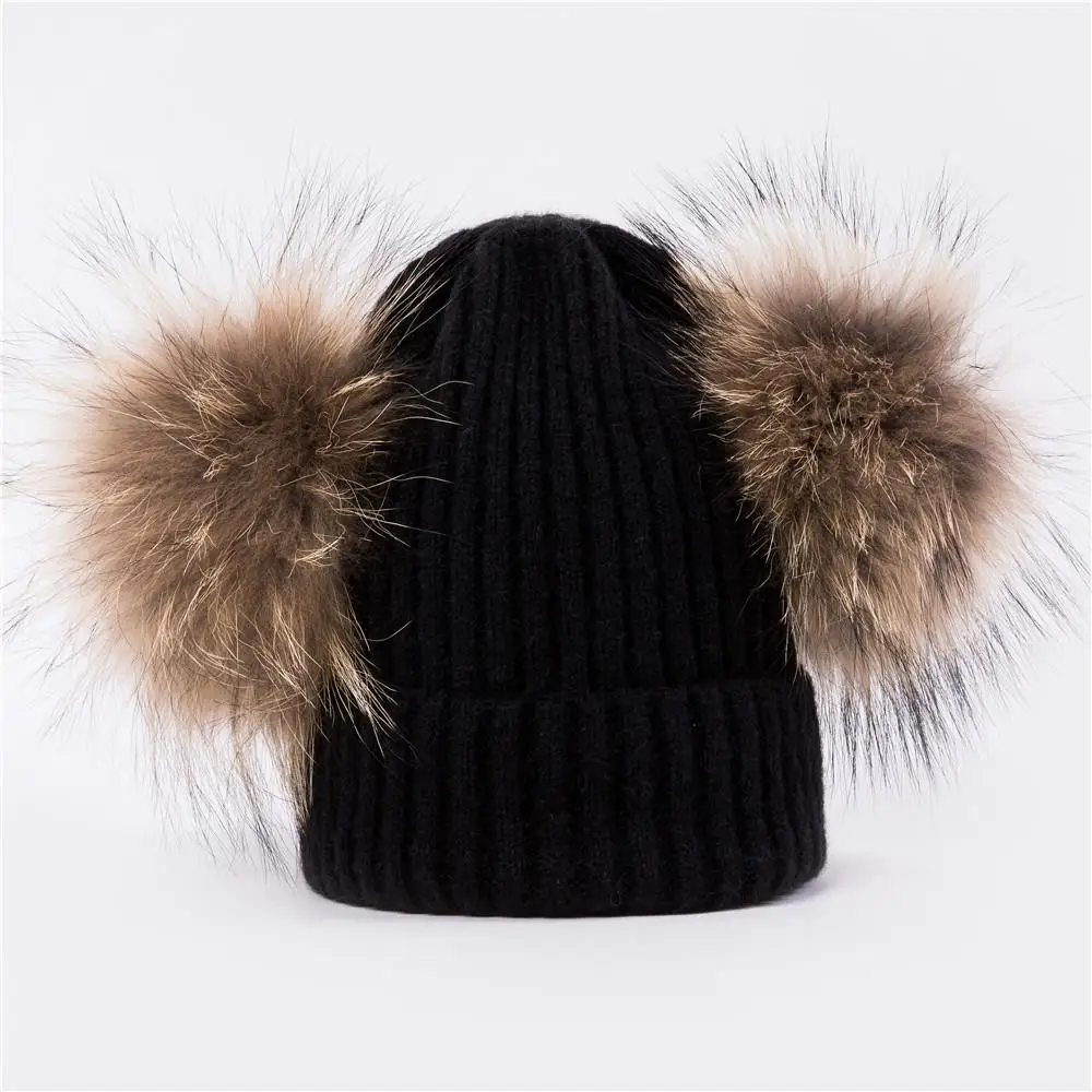 COKK женская зимняя шапка, вязаная шапка с двумя помпонами, шерстяная шапка с натуральным мехом енота, шапки с помпоном, женская теплая шапка - Цвет: Черный