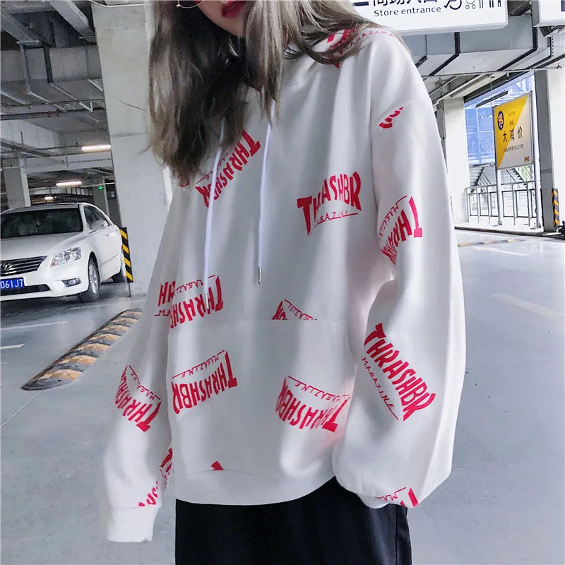 

Streetwear Letter Printed Long Sleeve Hoodies Sweatshirts Women Autumn Harajuku Loose White Black Sweatshirt Womens Clothing