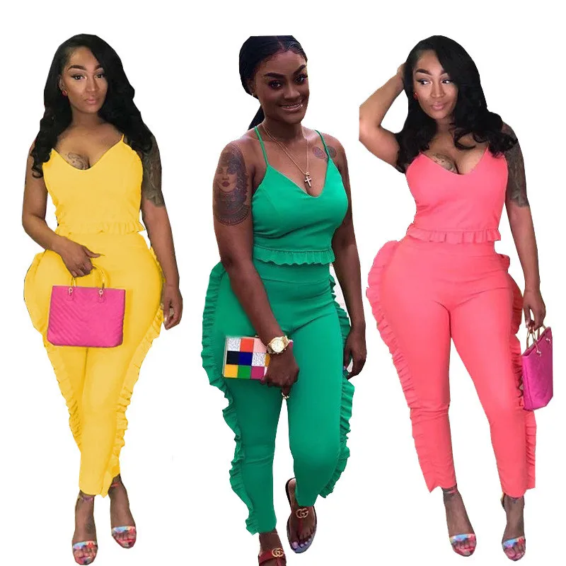 

Summer Women's Tracksuit Two Piece Sets Sleeveless Ruffle Top and Pants Ladies Streetwear Leisure Suit Jogger Outfits Women Set