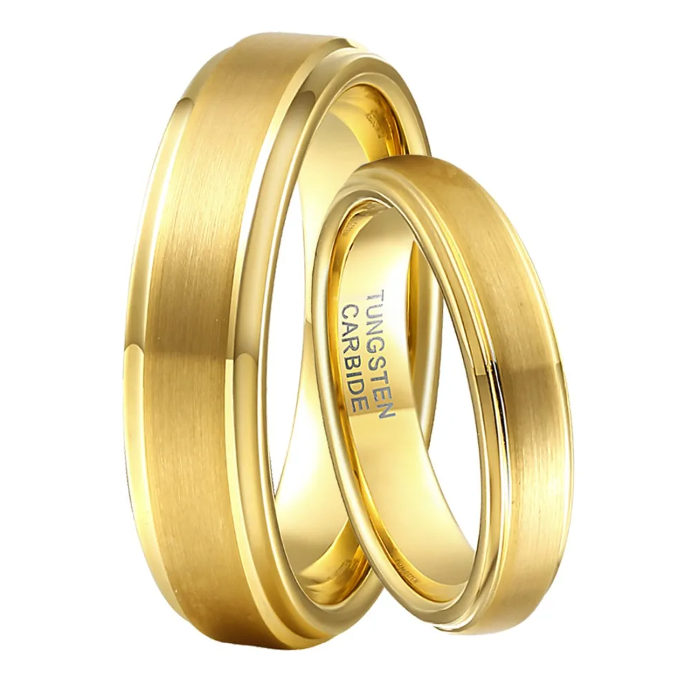 1 Pair 6mm & 4mm Boy & Girls Marriage Rings Set Gold Color Tungsten Carbide Wedding Engagement Band for Male Female