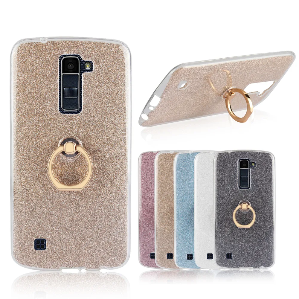 Для LG K10 случае вспышки порошок ТПУ Мягкая силиконовая задняя крышка с кольцом