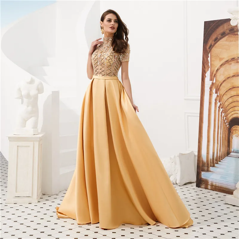 Золотые вечерние платья modabelle Vestido Elegante Mujer De Noche с высоким воротником атласное