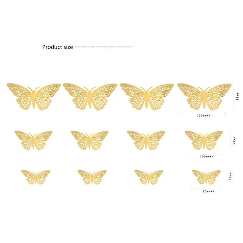 12pcs/Set 3D Hollow Butterfly Wall Sticker DIY 3Sizes Silver Gold for Party Wedding Decoration Butterflies Stickers Decor
