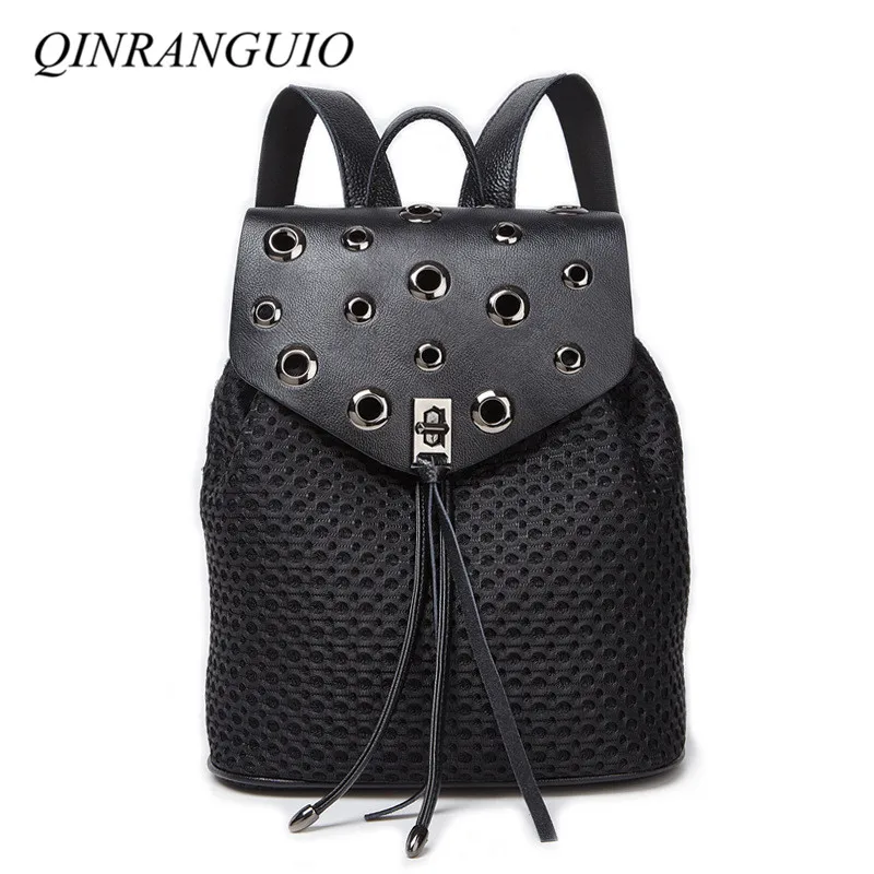 

QINRANGUIO Backpack Women Genuine Leather Match Nylon Women Backpack School Bags for Teenage Girls Black School Backpack 2019