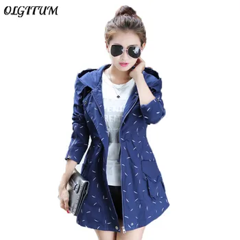 

2019 Autumn winter new Women windbreaker Long section Hooded jacket Slim thin Dot Print jacket coat casual Loose trench coat