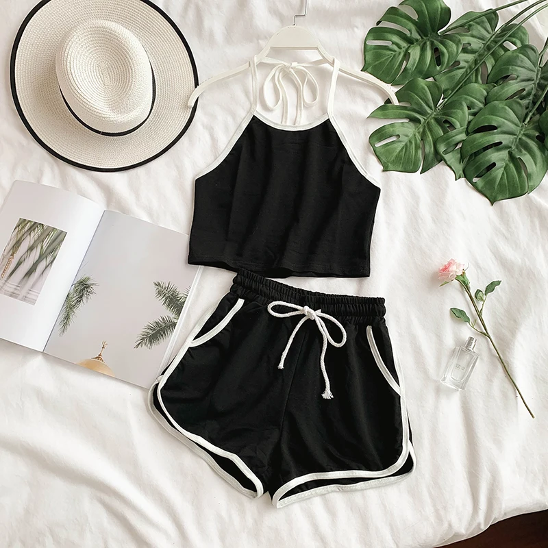 

2019 Summer Cropped Women's Tracksuit Cotton Causal Sleep Lounge Pajama Set Sleepwear Pyjama Femme Fashion Pajamas for Women