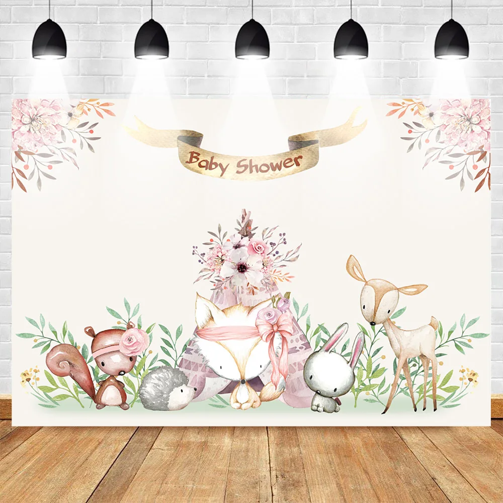 

Woodland Baby Shower Backdrops Watercolor Animals Photography Background Bohemia Teepee Photo Backdrops Party Banner Decoration