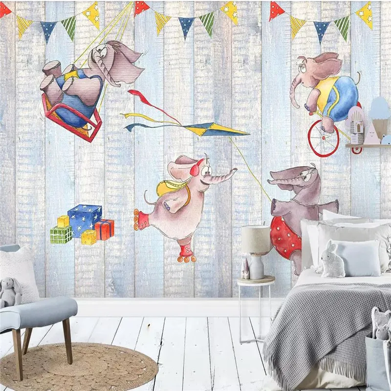 

3D wallpaper art wooden board elephant cartoon children's room background wall professional making mural photo wallpaper
