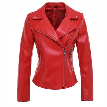 

Brand Motorcycle PU Leather Jacket Women Winter And Autumn New Fashion Coat Slid Red Zipper Outerwear jacket New 2018 Coat HOT