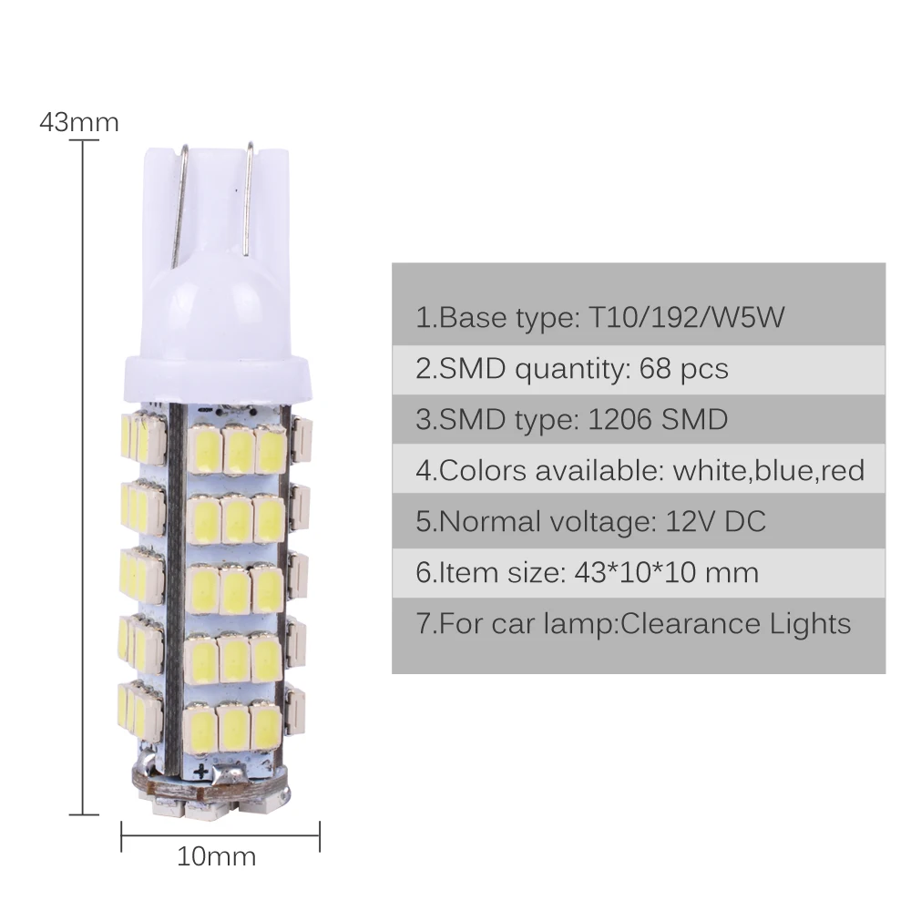 AutoEC 10x68 светодиодный 68smd 68 SMD 1206 светодиодный W5W 194 927 161 автомобиля клиновидные боковые светильник лампы для номерного знака светильник s# LB10