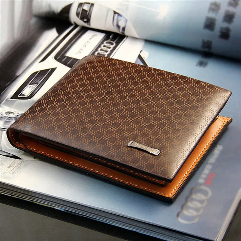 Hot Sale Short Bifold Plaid Wallet Men s PU Leather Brown Credit ID Card Holder Slim